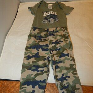 Cutie pie camo pants and monster truck onesie 3-6 months